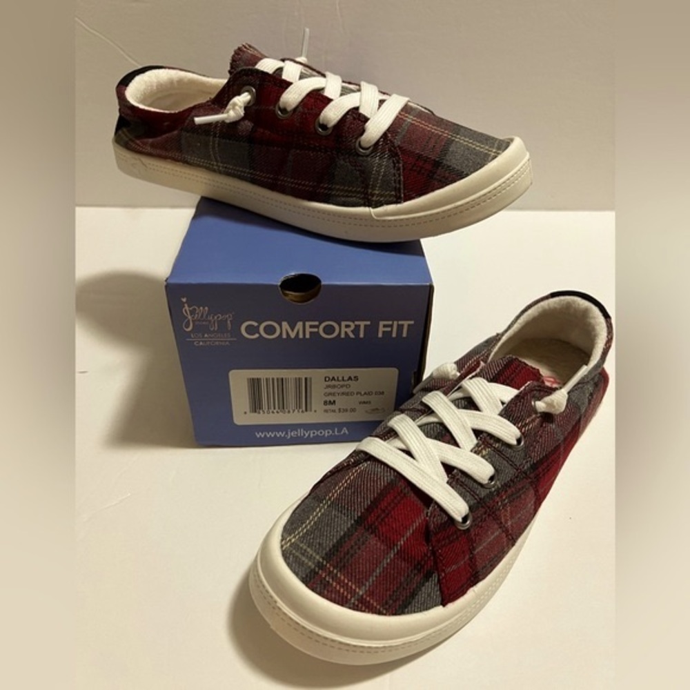 NIB Jellypop Red & Gray Plaid Sneakers, New; Sz 8